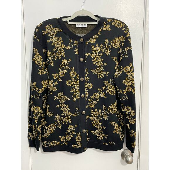 Vintage Eccobay Cardigan Sweater XL Black Gold Floral Preppy Regency Holidays - Picture 1 of 5